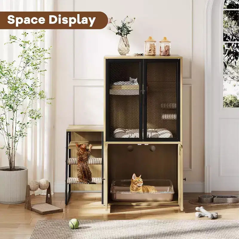 Mueble de Arena para Gatos con Doble Capa, Puertas y Escalera, Mueble 2 en 1 con Arenero Oculto y Estante de Almacenamiento, Gabinete Casa para Gatos