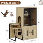 Mueble de Arena para Gatos con Doble Capa, Puertas y Escalera, Mueble 2 en 1 con Arenero Oculto y Estante de Almacenamiento, Gabinete Casa para Gatos