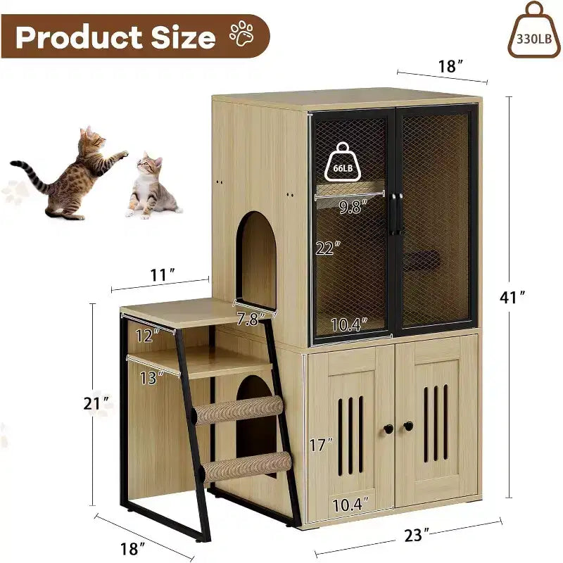 Mueble de Arena para Gatos con Doble Capa, Puertas y Escalera, Mueble 2 en 1 con Arenero Oculto y Estante de Almacenamiento, Gabinete Casa para Gatos