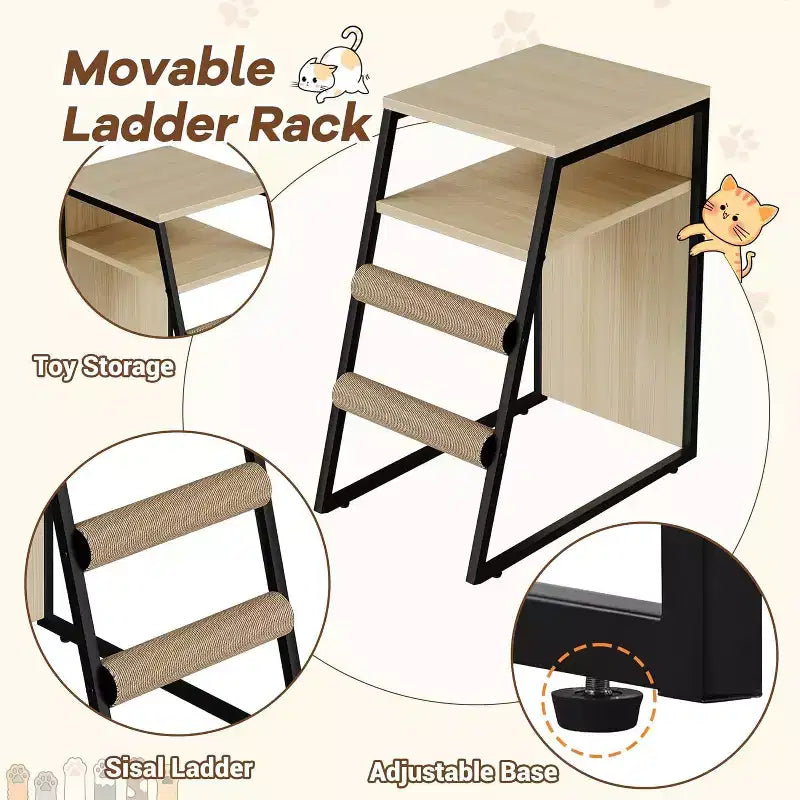 Mueble de Arena para Gatos con Doble Capa, Puertas y Escalera, Mueble 2 en 1 con Arenero Oculto y Estante de Almacenamiento, Gabinete Casa para Gatos
