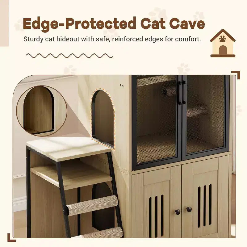 Mueble de Arena para Gatos con Doble Capa, Puertas y Escalera, Mueble 2 en 1 con Arenero Oculto y Estante de Almacenamiento, Gabinete Casa para Gatos