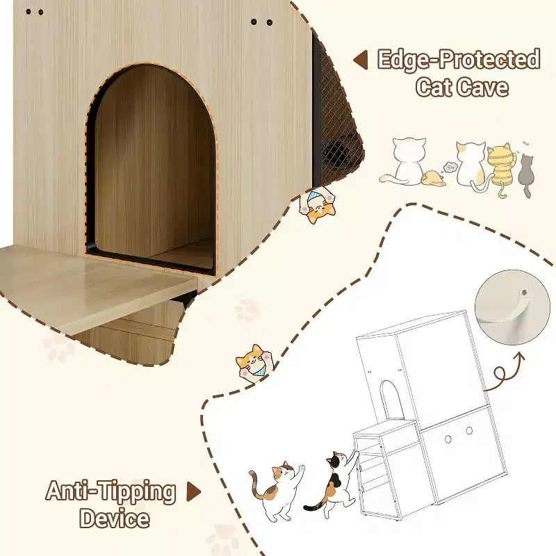 Mueble de Arena para Gatos con Doble Capa, Puertas y Escalera, Mueble 2 en 1 con Arenero Oculto y Estante de Almacenamiento, Gabinete Casa para Gatos