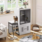 Mueble de Arena para Gatos con Doble Capa, Puertas y Escalera, Mueble 2 en 1 con Arenero Oculto y Estante de Almacenamiento, Gabinete Casa para Gatos