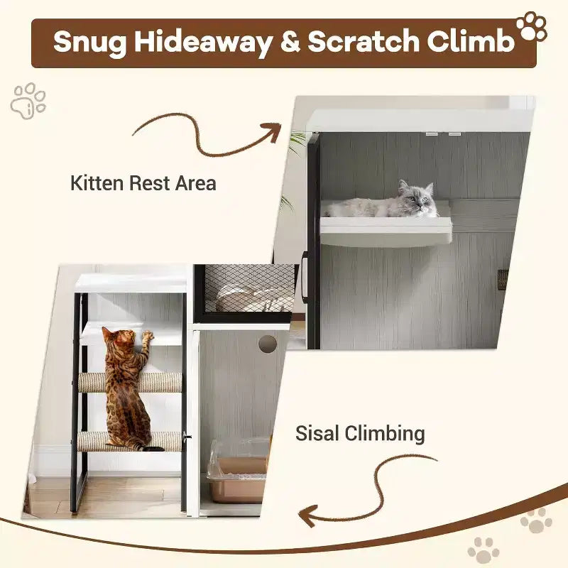 Mueble de Arena para Gatos con Doble Capa, Puertas y Escalera, Mueble 2 en 1 con Arenero Oculto y Estante de Almacenamiento, Gabinete Casa para Gatos