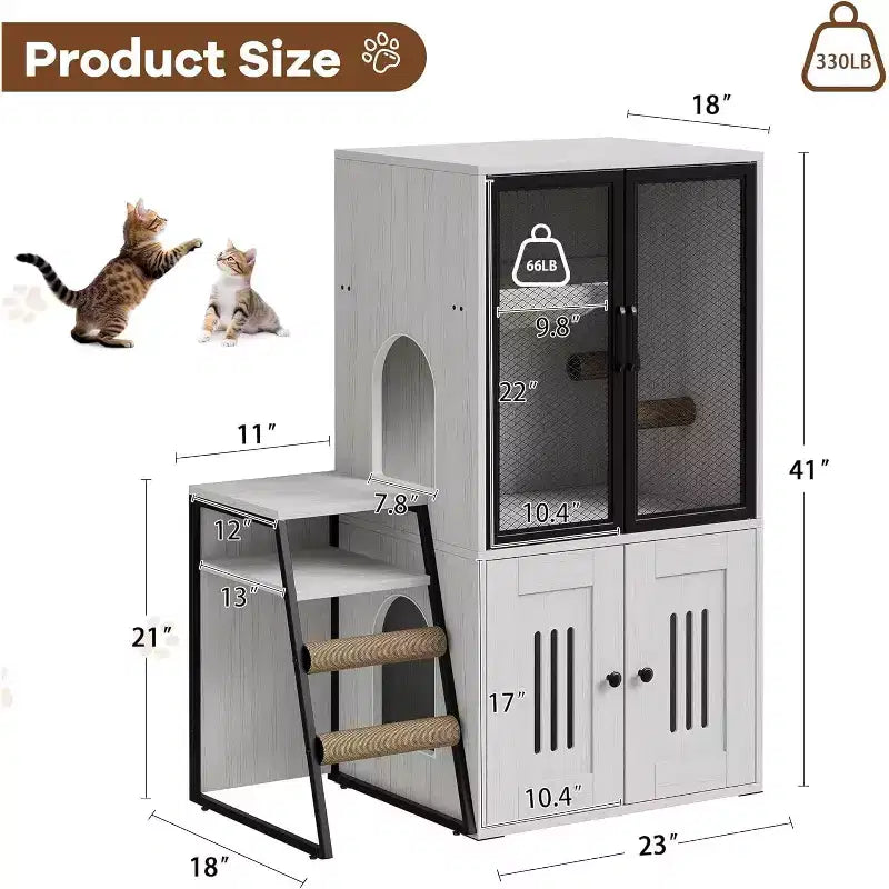 Mueble de Arena para Gatos con Doble Capa, Puertas y Escalera, Mueble 2 en 1 con Arenero Oculto y Estante de Almacenamiento, Gabinete Casa para Gatos
