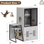 Mueble de Arena para Gatos con Doble Capa, Puertas y Escalera, Mueble 2 en 1 con Arenero Oculto y Estante de Almacenamiento, Gabinete Casa para Gatos