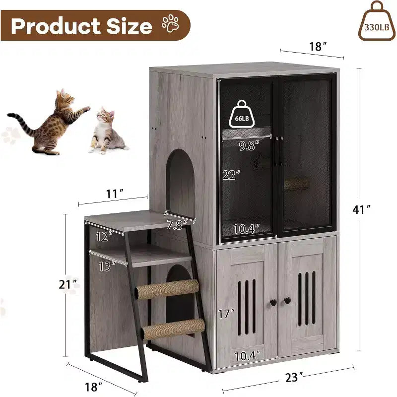 Mueble de Arena para Gatos con Doble Capa, Puertas y Escalera, Mueble 2 en 1 con Arenero Oculto y Estante de Almacenamiento, Gabinete Casa para Gatos