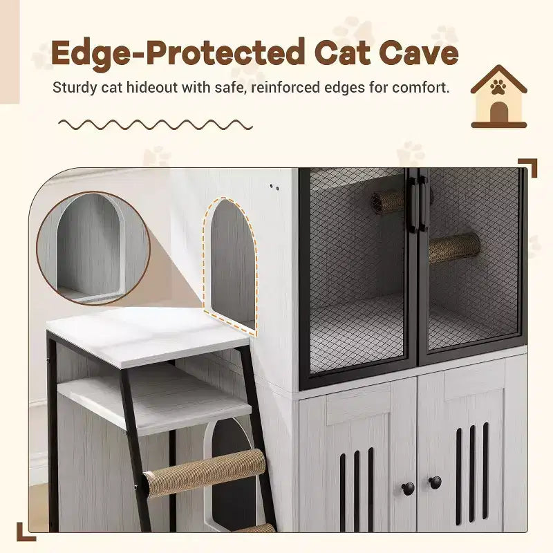 Mueble de Arena para Gatos con Doble Capa, Puertas y Escalera, Mueble 2 en 1 con Arenero Oculto y Estante de Almacenamiento, Gabinete Casa para Gatos