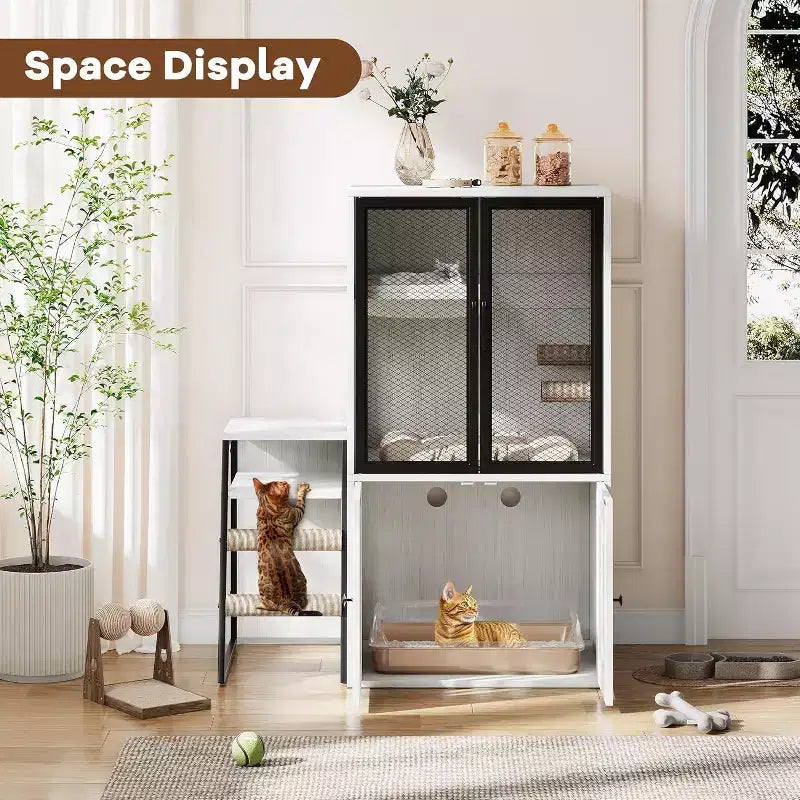 Mueble de Arena para Gatos con Doble Capa, Puertas y Escalera, Mueble 2 en 1 con Arenero Oculto y Estante de Almacenamiento, Gabinete Casa para Gatos