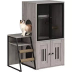Mueble de Arena para Gatos con Doble Capa, Puertas y Escalera, Mueble 2 en 1 con Arenero Oculto y Estante de Almacenamiento, Gabinete Casa para Gatos
