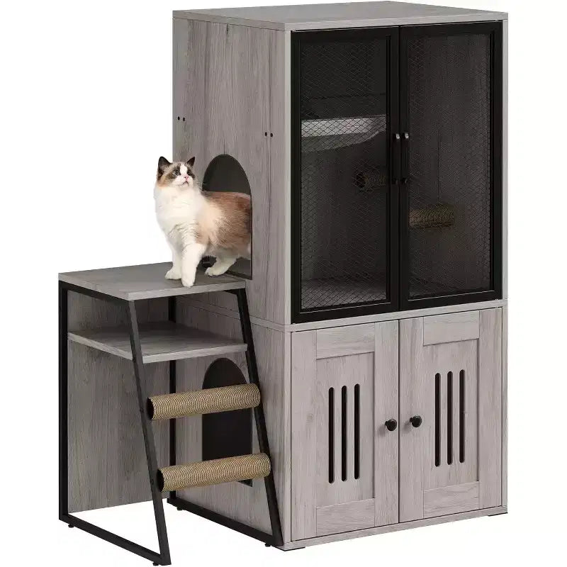 Cat Litter Box Enclosure Furniture with Double Layer, Doors & Ladder, 2-in-1 Hidden Litter Box Furniture with Storage Shelf , Cat House Cabinet