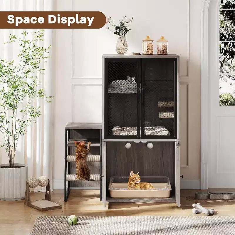 Cat Litter Box Enclosure Furniture with Double Layer, Doors & Ladder, 2-in-1 Hidden Litter Box Furniture with Storage Shelf , Cat House Cabinet