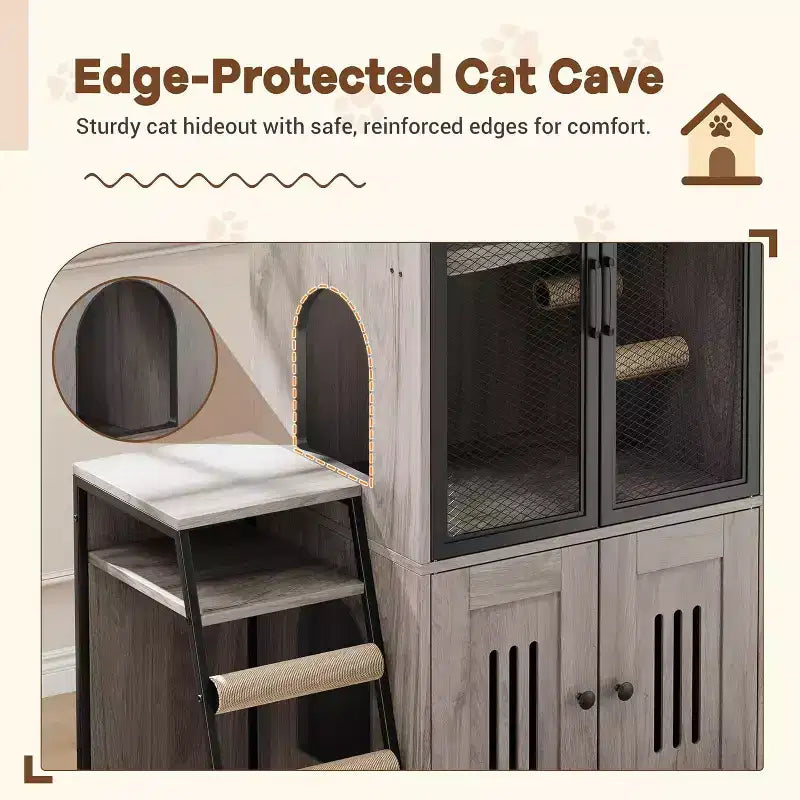 Cat Litter Box Enclosure Furniture with Double Layer, Doors & Ladder, 2-in-1 Hidden Litter Box Furniture with Storage Shelf , Cat House Cabinet