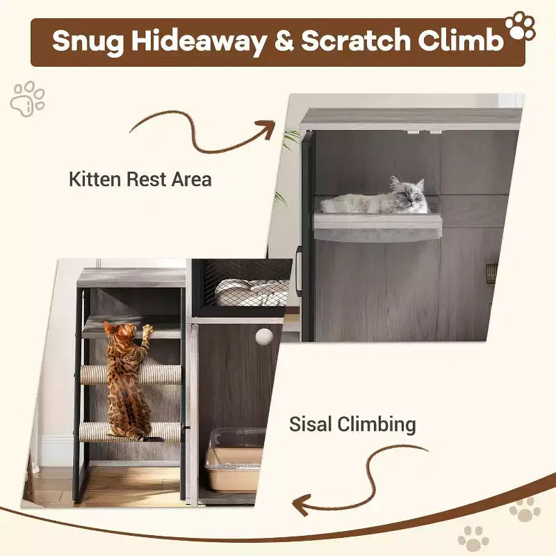 Mueble de Arena para Gatos con Doble Capa, Puertas y Escalera, Mueble 2 en 1 con Arenero Oculto y Estante de Almacenamiento, Gabinete Casa para Gatos