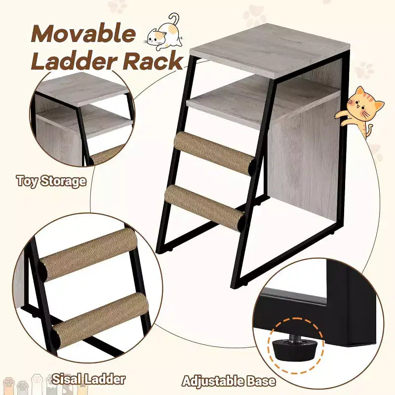 Mueble de Arena para Gatos con Doble Capa, Puertas y Escalera, Mueble 2 en 1 con Arenero Oculto y Estante de Almacenamiento, Gabinete Casa para Gatos
