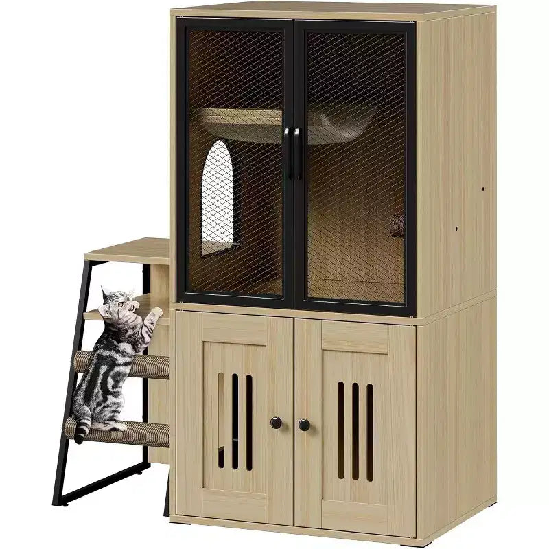 Mueble de Arena para Gatos con Doble Capa, Puertas y Escalera, Mueble 2 en 1 con Arenero Oculto y Estante de Almacenamiento, Gabinete Casa para Gatos