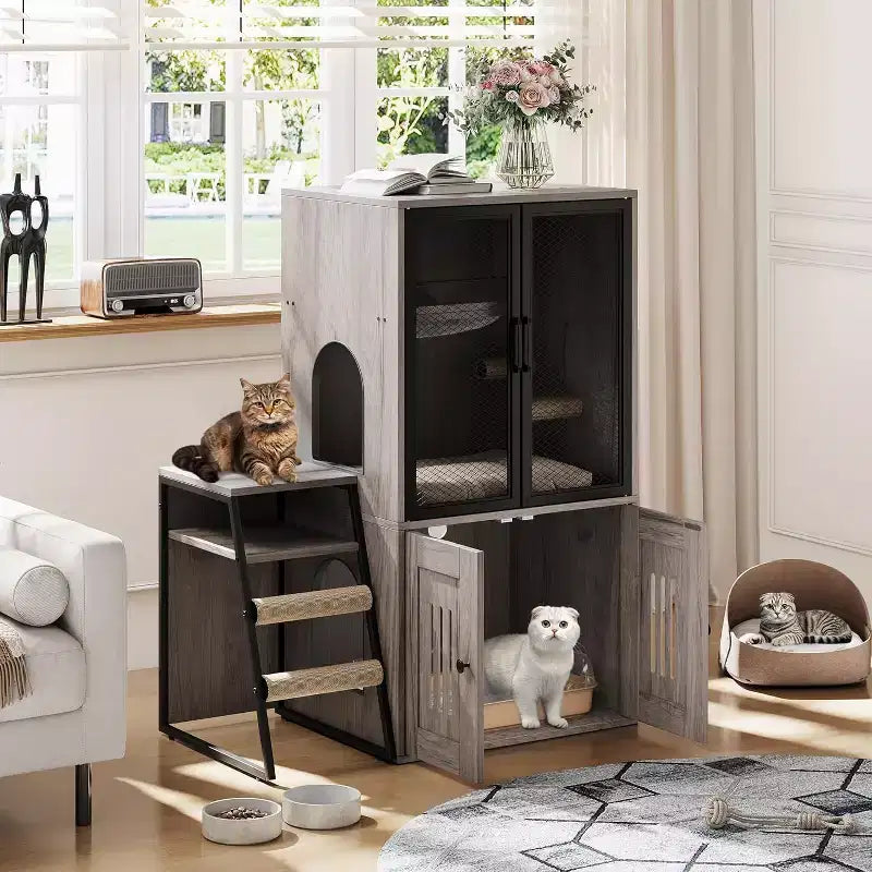 Cat Litter Box Enclosure Furniture with Double Layer, Doors & Ladder, 2-in-1 Hidden Litter Box Furniture with Storage Shelf , Cat House Cabinet