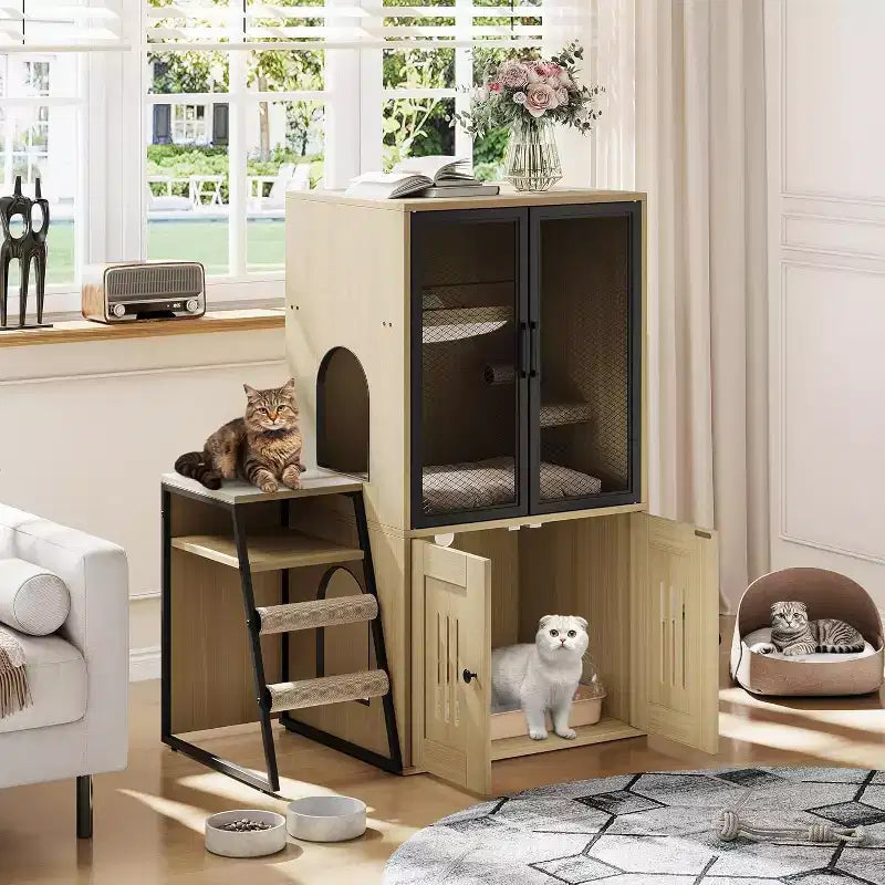 Cat Litter Box Enclosure Furniture with Double Layer, Doors & Ladder, 2-in-1 Hidden Litter Box Furniture with Storage Shelf , Cat House Cabinet
