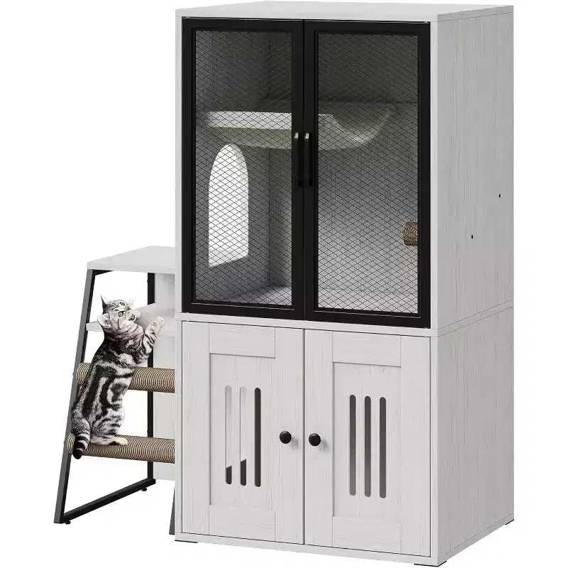 Cat Litter Box Enclosure Furniture with Double Layer, Doors & Ladder, 2-in-1 Hidden Litter Box Furniture with Storage Shelf , Cat House Cabinet