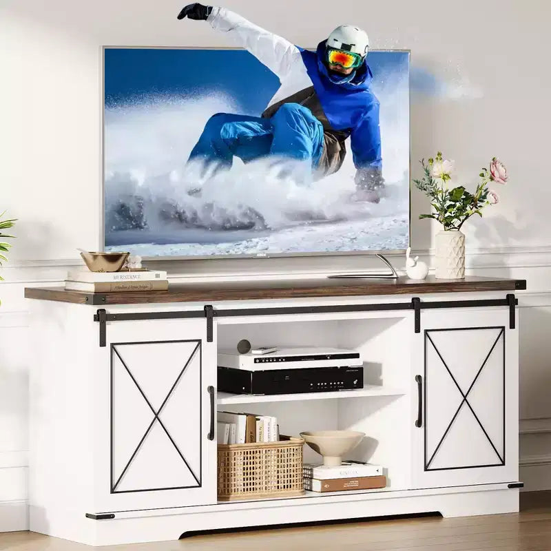 65 Farmhouse TV Stand Console Table with Sliding Barn Doors, Adjustable Shelf & Storage Cabinet for Living Room Bedroom, Entertainment Center