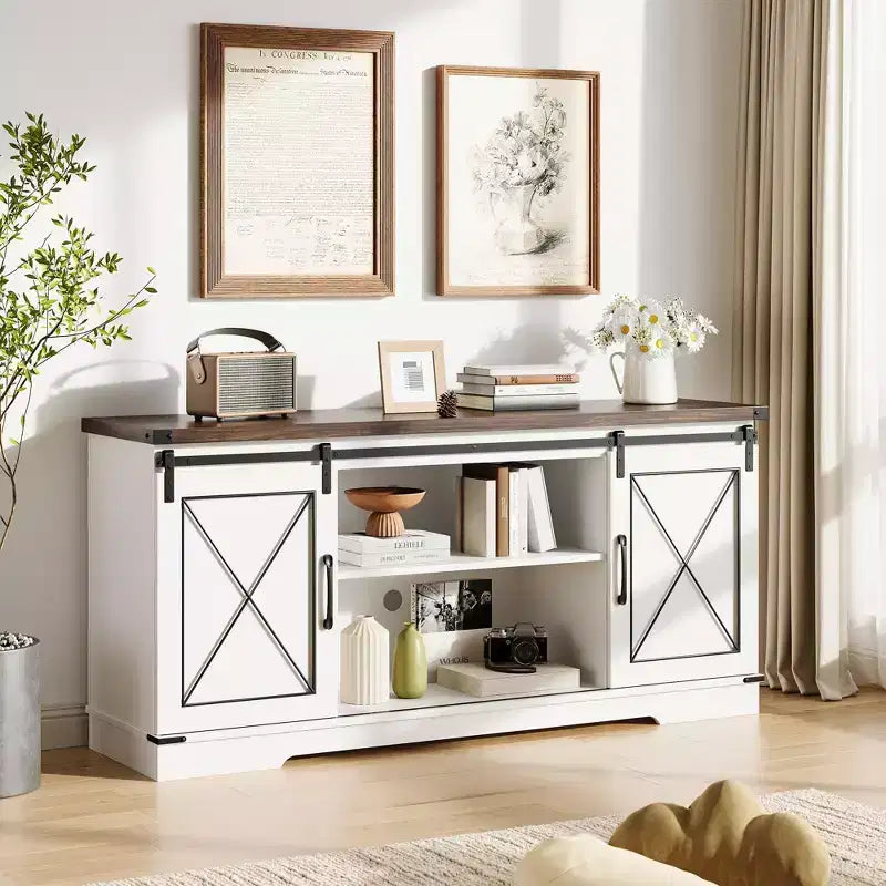 65 Farmhouse TV Stand Console Table with Sliding Barn Doors, Adjustable Shelf & Storage Cabinet for Living Room Bedroom, Entertainment Center