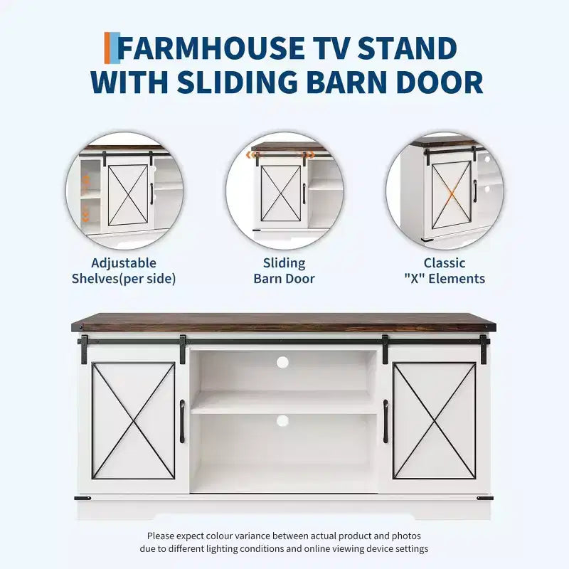 65 Farmhouse TV Stand Console Table with Sliding Barn Doors, Adjustable Shelf & Storage Cabinet for Living Room Bedroom, Entertainment Center