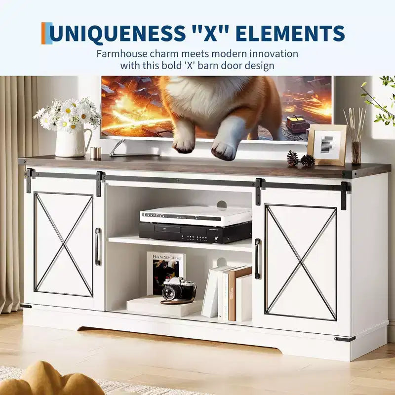 65 Farmhouse TV Stand Console Table with Sliding Barn Doors, Adjustable Shelf & Storage Cabinet for Living Room Bedroom, Entertainment Center
