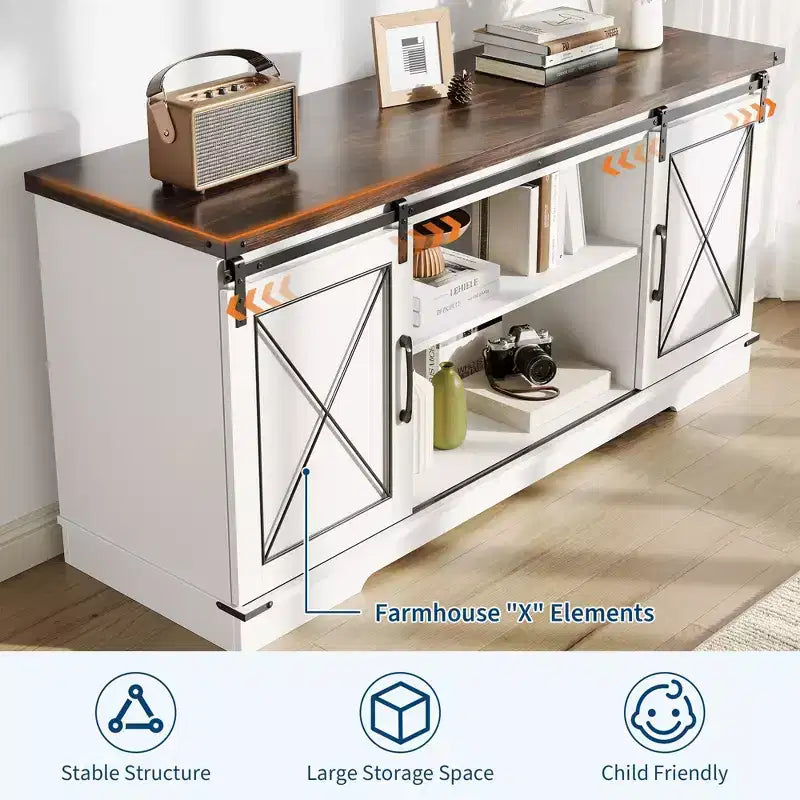 Mueble de TV rústico de 65 pulgadas con puertas corredizas estilo granero, estante ajustable y gabinete de almacenamiento para sala de estar o dormitorio, centro de entretenimiento