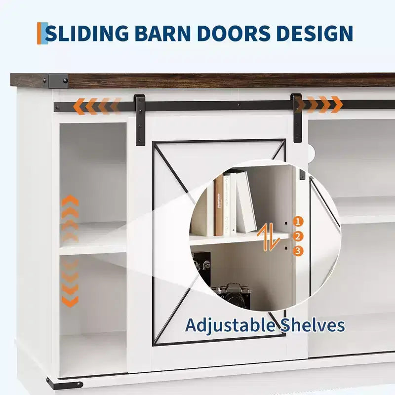 Mueble de TV rústico de 65 pulgadas con puertas corredizas estilo granero, estante ajustable y gabinete de almacenamiento para sala de estar o dormitorio, centro de entretenimiento