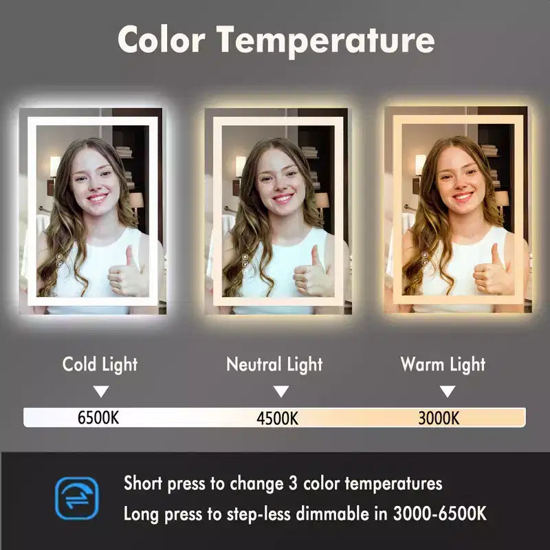 LED Bathroom Mirror with Lights - Large Frameless Vanity Mirror, Dimmable Front & Backlit, Anti-Fog, Memory, 3 Color Modes, Shatter-Proof