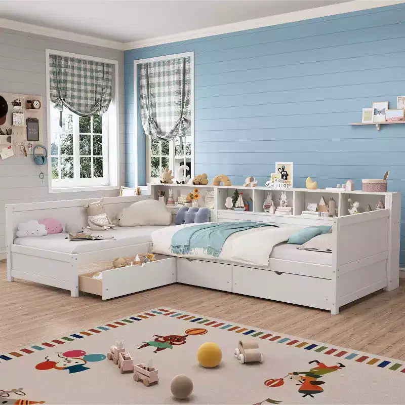 Twin Size Bed for 2 L-shape Bed Frame with Storage 3 Drawers Wooden Corner Bed with Bookshelf for Bedroom White