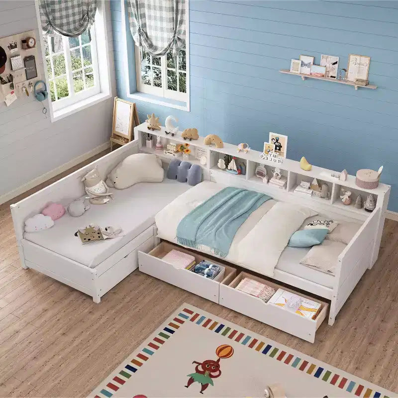 Twin Size Bed for 2 L-shape Bed Frame with Storage 3 Drawers Wooden Corner Bed with Bookshelf for Bedroom White