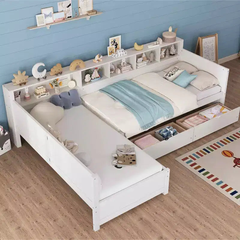 Twin Size Bed for 2 L-shape Bed Frame with Storage 3 Drawers Wooden Corner Bed with Bookshelf for Bedroom White