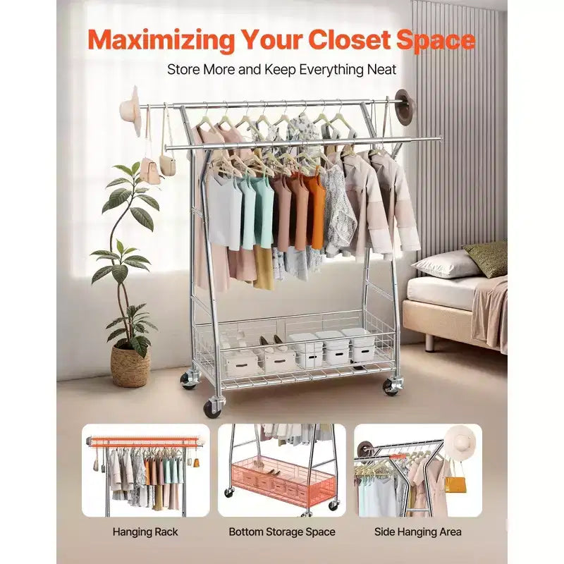 Heavy Duty Rolling Clothes Rack-Carbon Steel, 2 Hanging Rods, Storage Basket, 330LBS Load, Extendable
