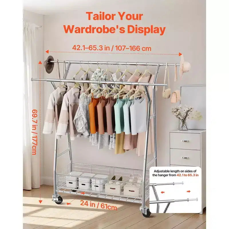 Heavy Duty Rolling Clothes Rack-Carbon Steel, 2 Hanging Rods, Storage Basket, 330LBS Load, Extendable