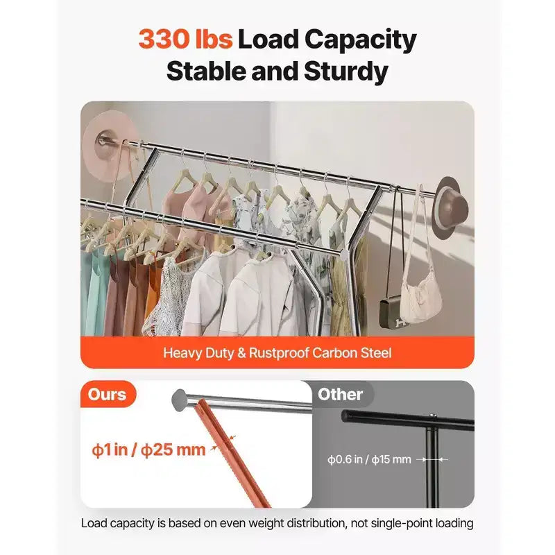 Heavy Duty Rolling Clothes Rack-Carbon Steel, 2 Hanging Rods, Storage Basket, 330LBS Load, Extendable