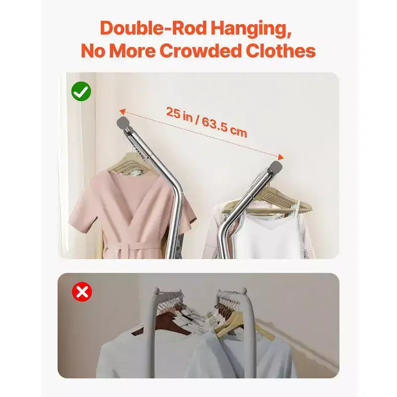 Heavy Duty Rolling Clothes Rack-Carbon Steel, 2 Hanging Rods, Storage Basket, 330LBS Load, Extendable