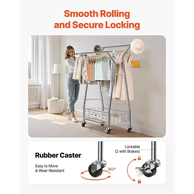 Burro de Ropa Rodante Resistente-Acero al Carbono, 2 Barras Colgantes, Cesta de Almacenamiento, 150 kg de Carga, Extensible