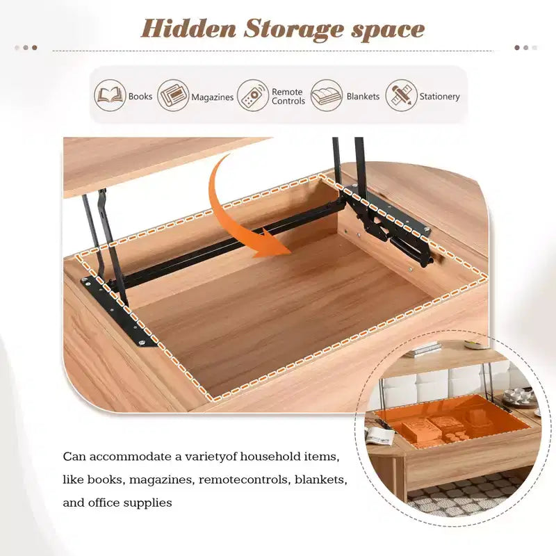 Mesa de centro elevable de 47.2'', mesa central ovalada de madera con almacenamiento oculto, mesa de cóctel moderna para sala de estar, dormitorio u oficina