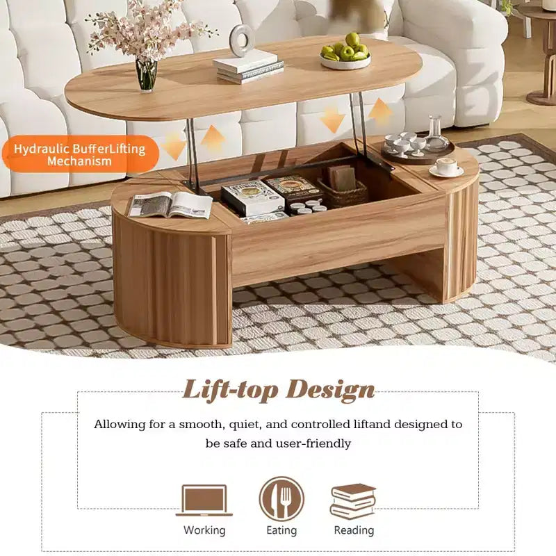 Mesa de centro elevable de 47.2'', mesa central ovalada de madera con almacenamiento oculto, mesa de cóctel moderna para sala de estar, dormitorio u oficina