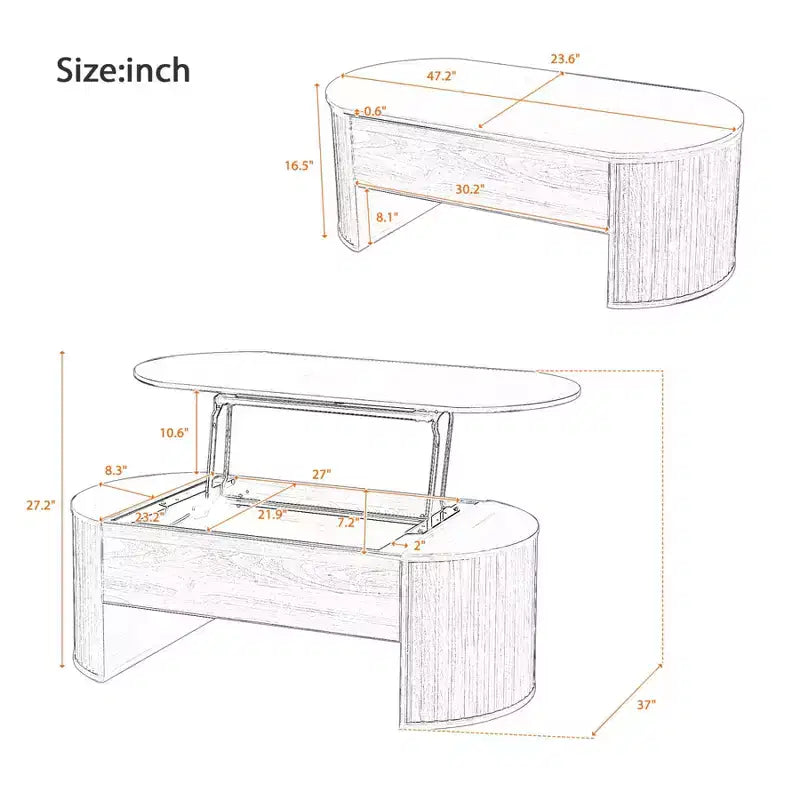 47.2'' Lift Top Coffee Table, Oval Wooden Center Table with Hidden Storage, Modern Cocktail Table for Living Room Bedroom Office