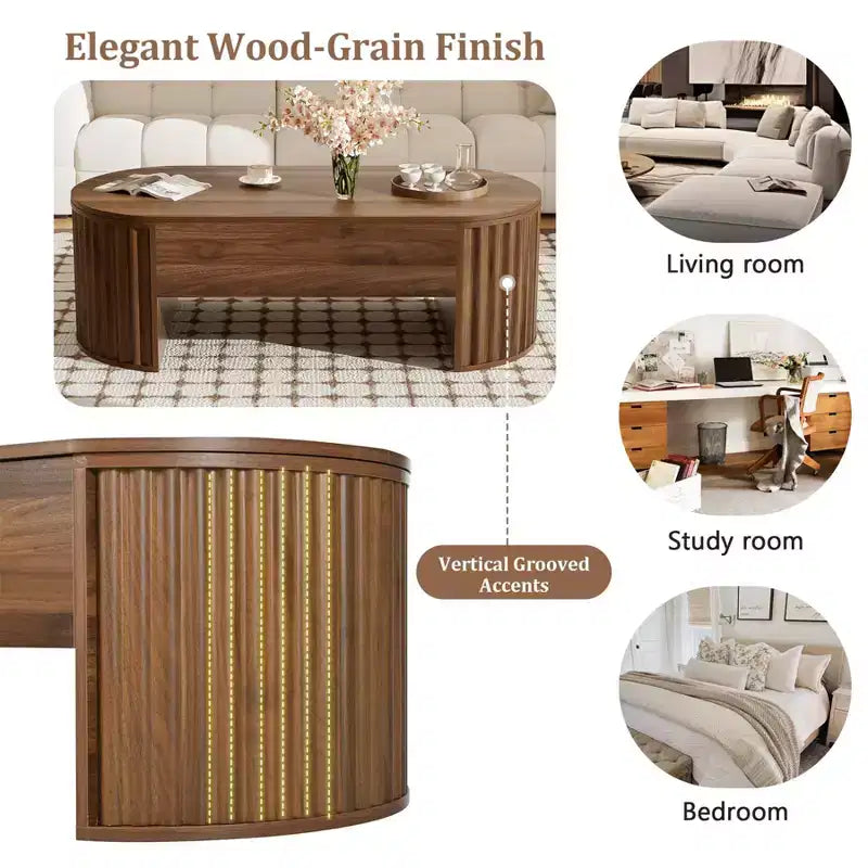 Mesa de centro elevable de 47.2'', mesa central ovalada de madera con almacenamiento oculto, mesa de cóctel moderna para sala de estar, dormitorio u oficina