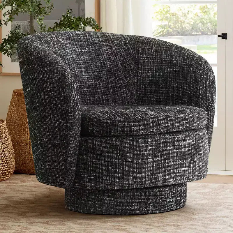 30.5 Modern Swivel Barrel Chair, Textured Tweed Upholstered Round Accent Armchair for Living Room, Bedroom Reading Nook