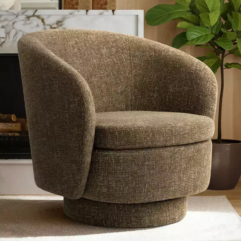 30.5 Modern Swivel Barrel Chair, Textured Tweed Upholstered Round Accent Armchair for Living Room, Bedroom Reading Nook