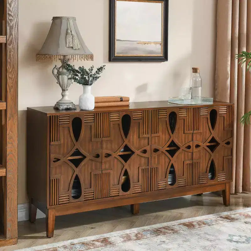 Aparador de bufé geométrico negro de 60.5 pulgadas, consola de TV/multimedia moderna con celosía de 4 puertas y estantes ajustables para sala de estar