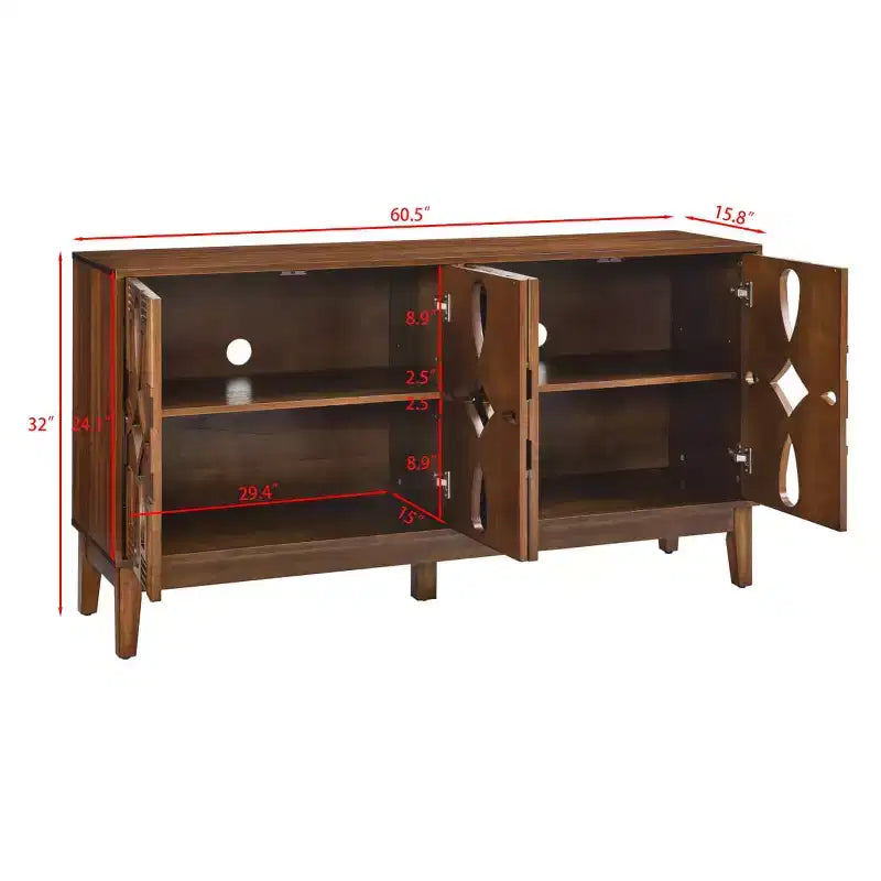 Aparador de bufé geométrico negro de 60.5 pulgadas, consola de TV/multimedia moderna con celosía de 4 puertas y estantes ajustables para sala de estar