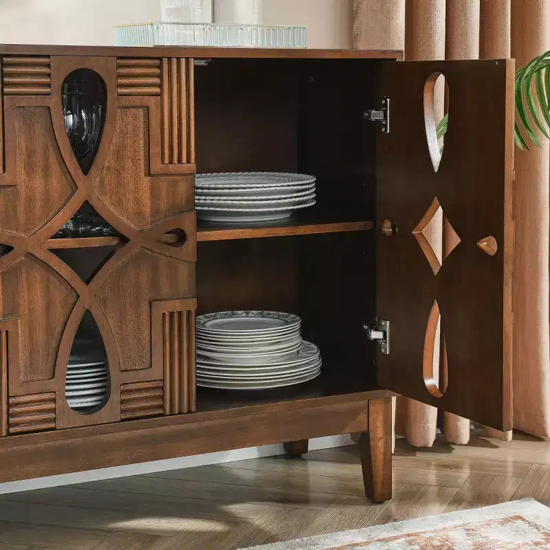 Aparador de bufé geométrico negro de 60.5 pulgadas, consola de TV/multimedia moderna con celosía de 4 puertas y estantes ajustables para sala de estar