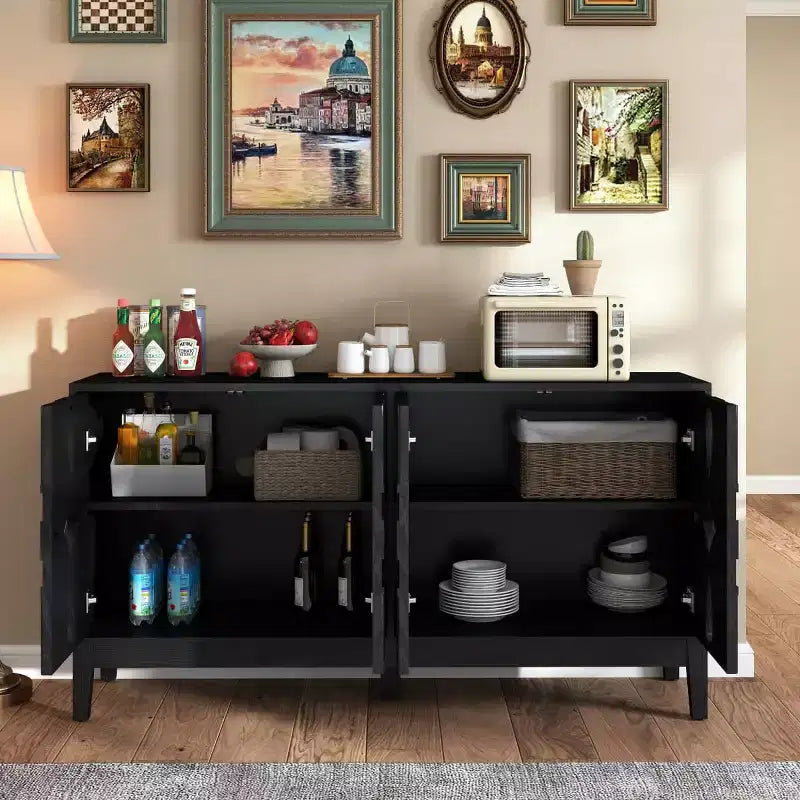 60.5 Black Geometric Sideboard Buffet Cabinet, Modern Fretwork 4-Door TV Media Console with Adjustable Shelves for Living Room