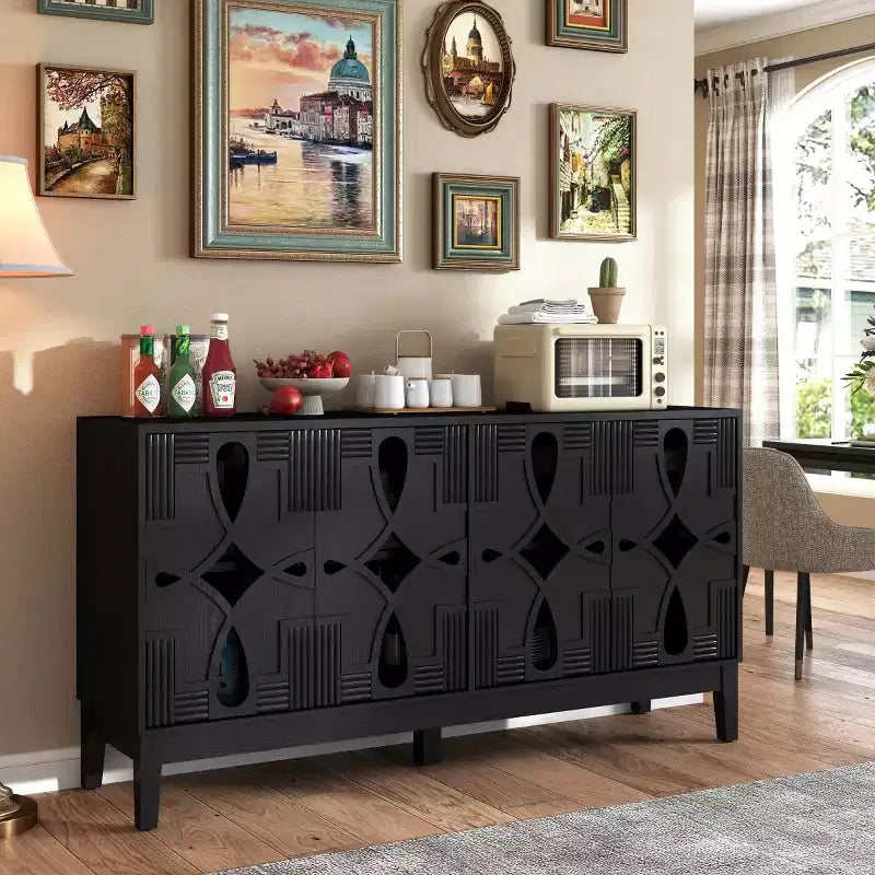 60.5 Black Geometric Sideboard Buffet Cabinet, Modern Fretwork 4-Door TV Media Console with Adjustable Shelves for Living Room