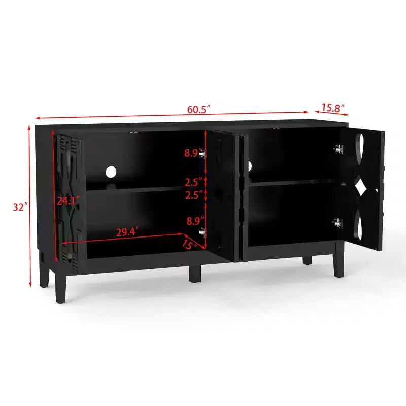 60.5 Black Geometric Sideboard Buffet Cabinet, Modern Fretwork 4-Door TV Media Console with Adjustable Shelves for Living Room